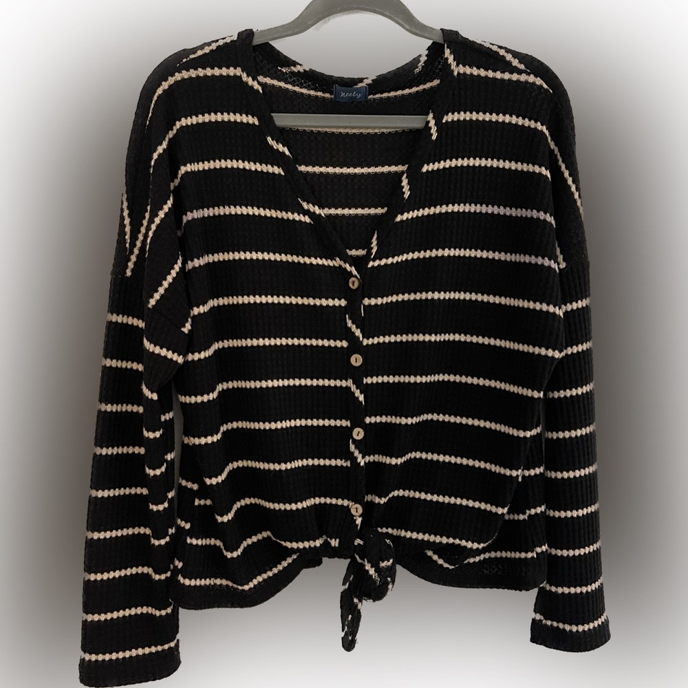 Striped Button Down Long Sleeve Tie Top